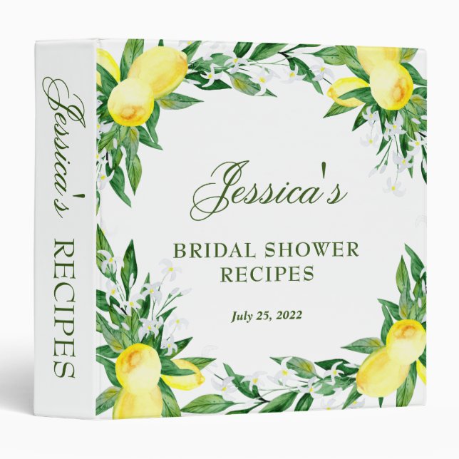Lemons Blossom Green Bridal Shower Recipe Binder (Front/Spine)