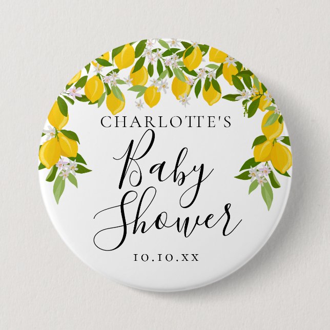 Lemons Blossom Greenery Baby Shower Button (Front)