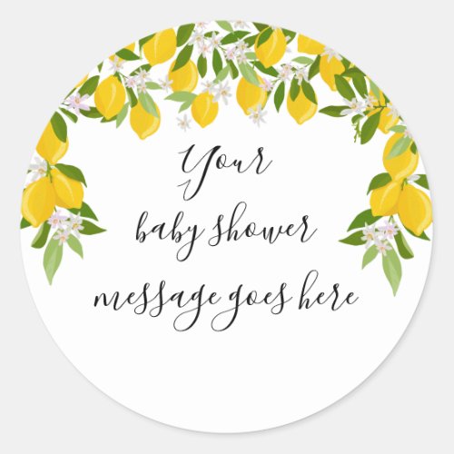 Lemons Blossom Greenery Baby Shower Message Classic Round Sticker