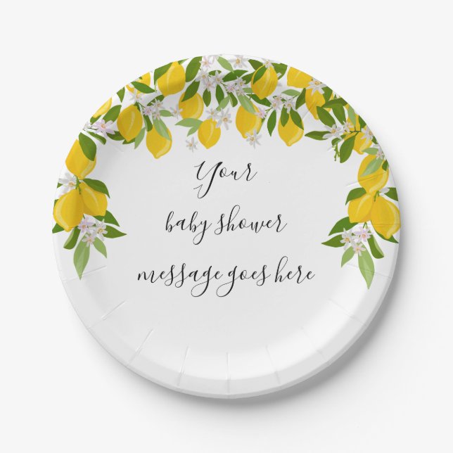 Lemons Blossom Greenery Baby Shower Message Paper Plates (Front)