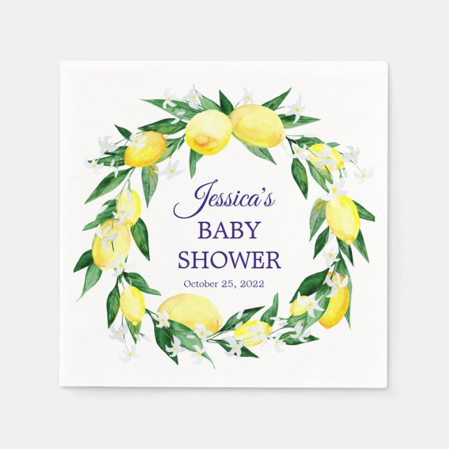 Lemons Blossom Greenery Baby Shower Paper Napkins (Front)