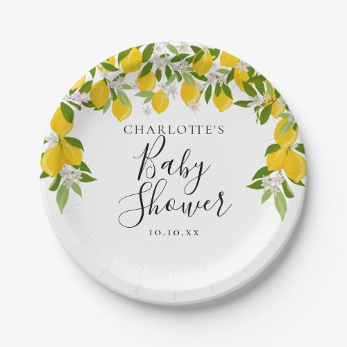 Lemons Blossom Greenery Baby Shower Paper Plates