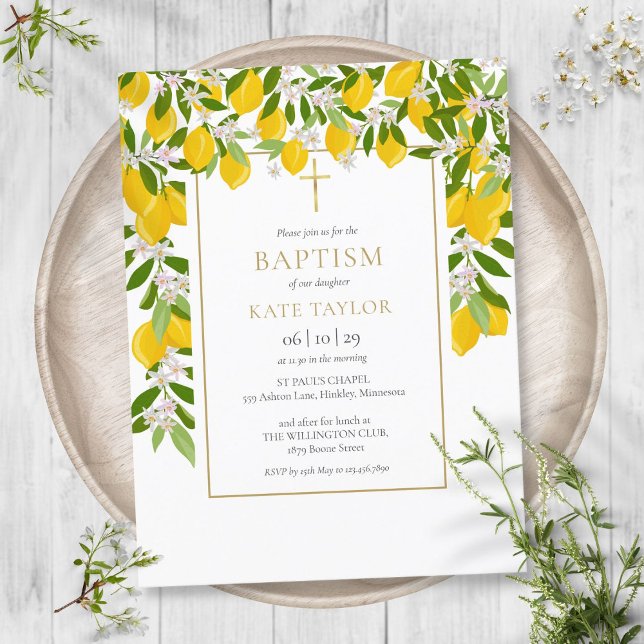 Lemons Blossom Greenery Baptism Christening Invitation Postcard (Creator Uploaded)
