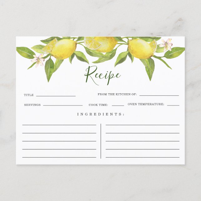 Lemons Blossom Greenery Bridal Shower Recipe Card (Front)