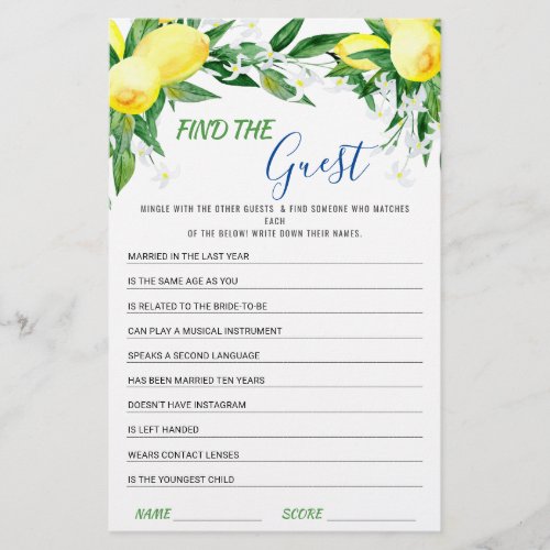 Lemons Blossom Greenery Chic  Bridal Shower Game