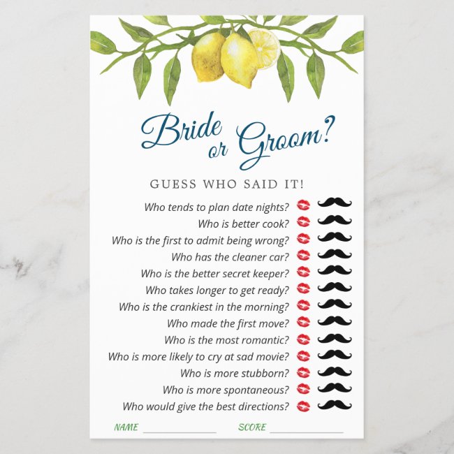 Lemons Blossom Greenery Chic Bridal Shower Game