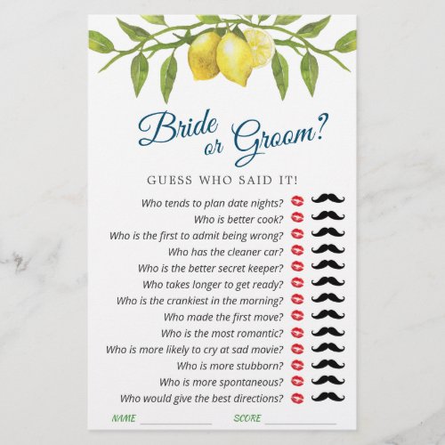 Lemons Blossom Greenery Chic  Bridal Shower Game