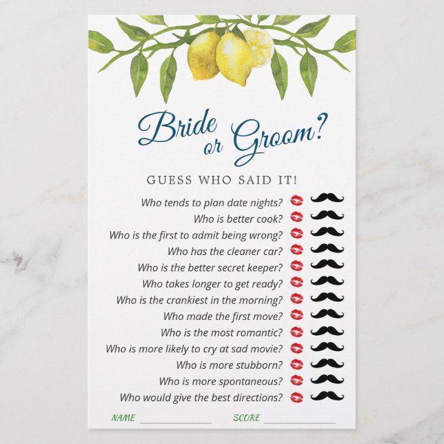 Lemons Blossom Greenery Chic  Bridal Shower Game (Front)