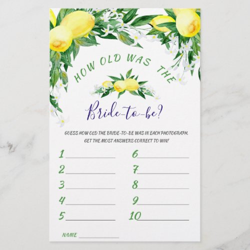 Lemons Blossom Greenery Chic Bridal Shower Game