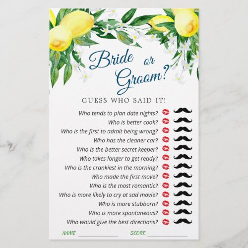 Lemons Blossom Greenery Chic  Bridal Shower Game