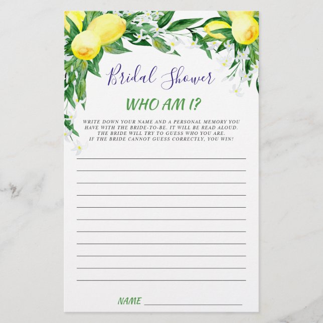 Lemons Blossom Greenery Chic Bridal Shower Game (Front)