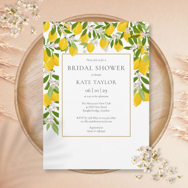 Lemons Blossom Greenery Elegant Gold Bridal Shower Invitation (Creator Uploaded)