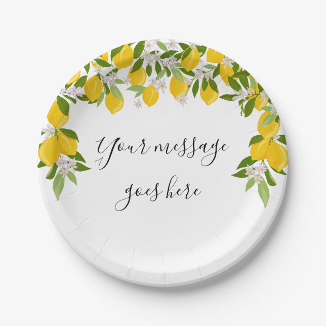 Lemons Blossom Greenery Elegant Script Message Paper Plates (Front)
