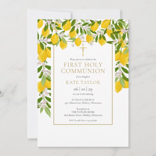 Lemons Blossom Greenery First Holy Communion Invitation