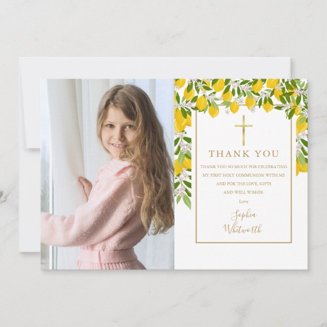 Lemons Blossom Greenery First Holy Communion Photo Thank You Card (Front)