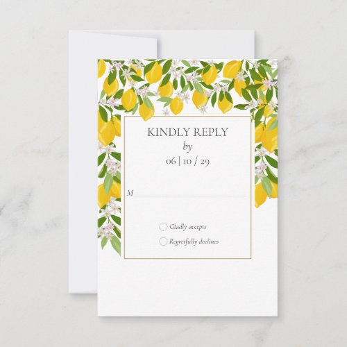 Lemons Blossom Greenery Gold Geometric Wedding RSVP Card