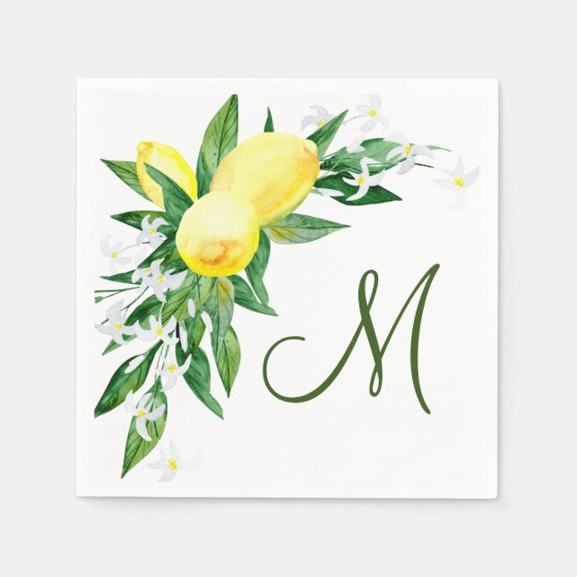 Lemons Blossom Greenery Monogram Party Paper Napkins (Front)