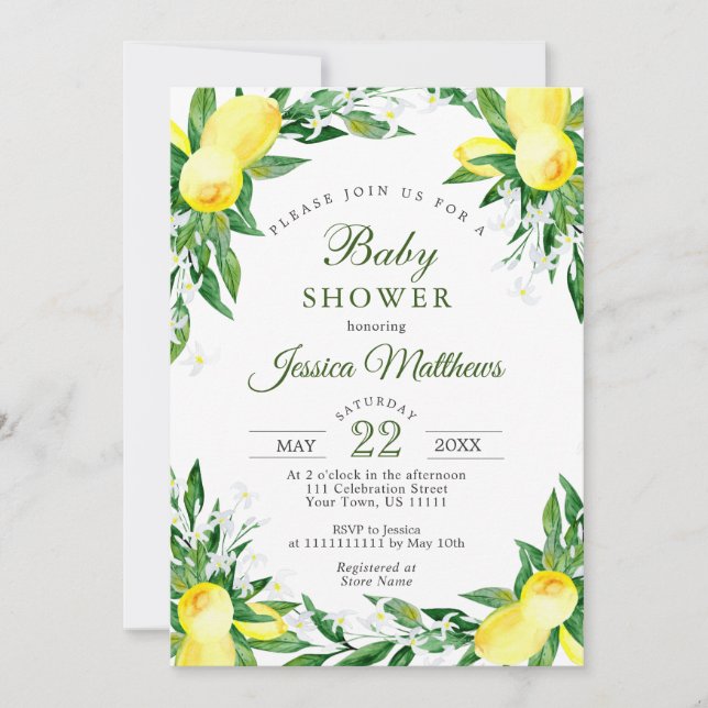 Lemons Blossom Greenery NEUTRAL Baby Shower Invitation (Front)