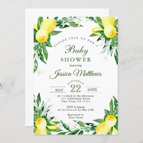 Lemons Blossom Greenery NEUTRAL Baby Shower Invitation