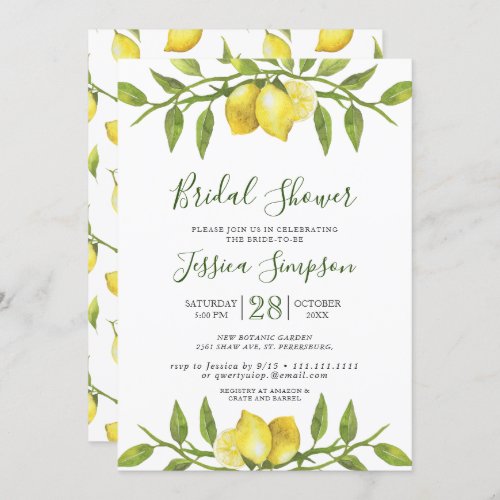 Lemons Blossom Greenery  Watercolor Bridal Shower Invitation