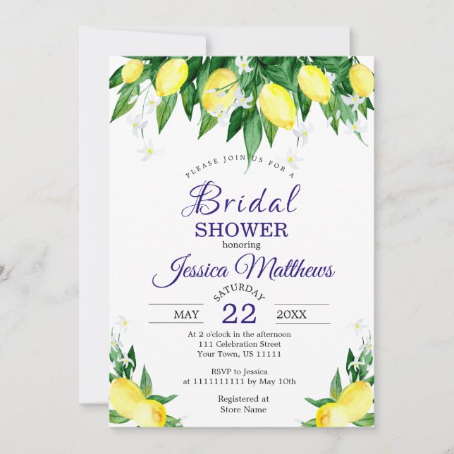 Lemons Blossom Greenery Watercolor Bridal Shower Invitation (Front)