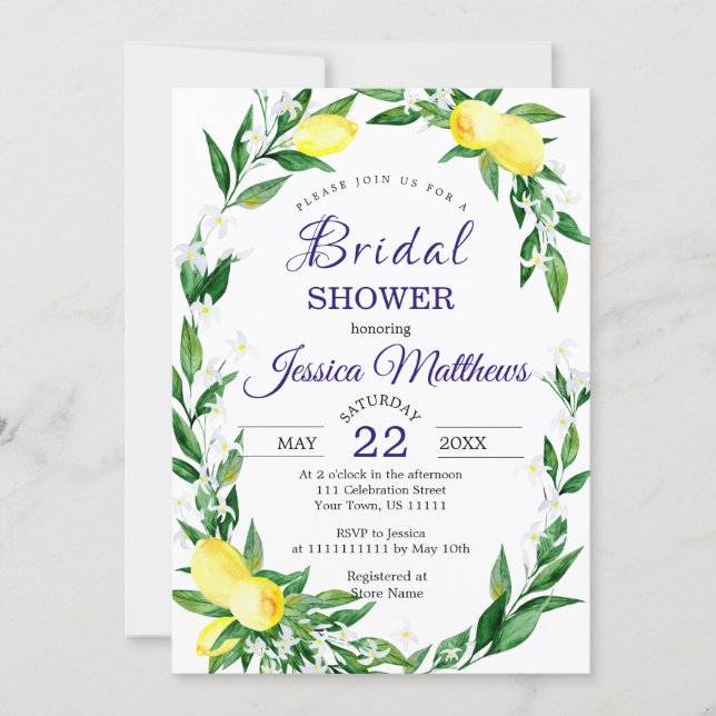 Lemons Blossom Greenery Watercolor Bridal Shower Invitation (Front)