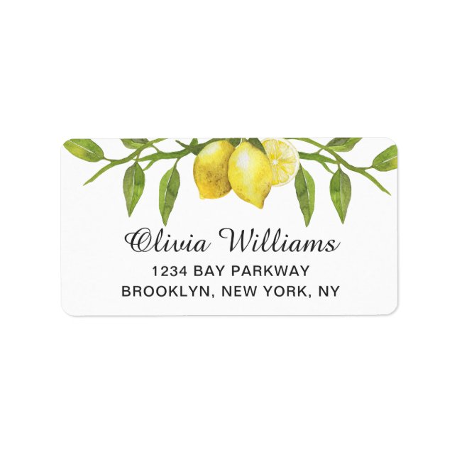 Lemons Blossom Greenery  Watercolor  Elegant Chic Label (Front)