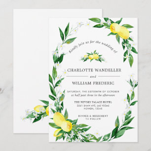 Lemons Blossom Greenery Watercolor Wedding Invitation