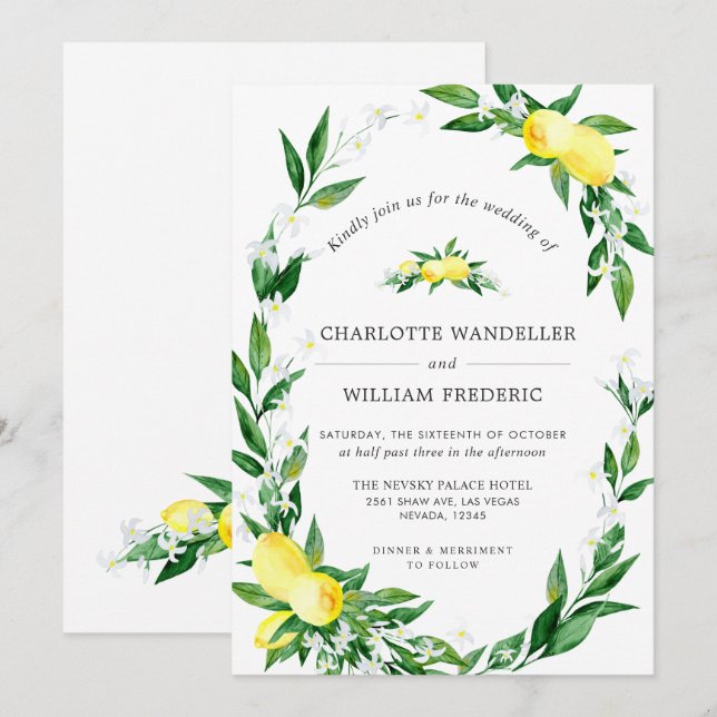 Lemons Blossom Greenery Watercolor Wedding Invitation (Front/Back)