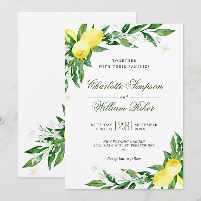Lemons Blossom Greenery Watercolor Wedding Invitation (Front/Back)
