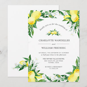 Lemons Blossom Greenery Watercolor Wedding Invitation