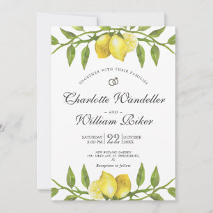 Lemons Blossom Greenery Watercolor Wedding Invitation