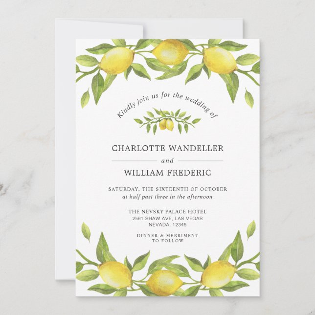 Lemons Blossom Greenery Watercolor Wedding Invitation (Front)