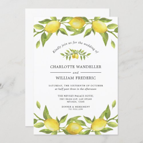 Lemons Blossom Greenery Watercolor Wedding Invitation