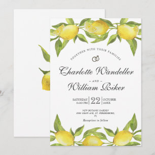Lemons Blossom Greenery Watercolor Wedding Invitation