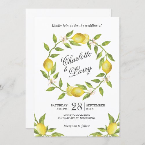 Lemons Blossom Greenery Watercolor Wedding Invitation