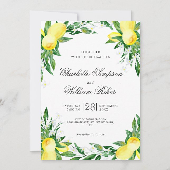 Lemons Blossom Greenery Watercolor Wedding Invitation (Front)
