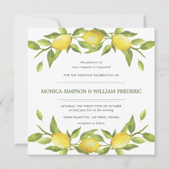 Lemons Blossom Greenery Watercolor Wedding Invitation (Front)