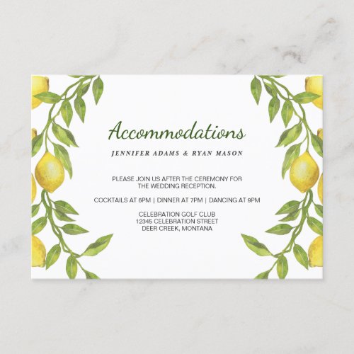 Lemons Blossom Greenery Wedding Accommodations Enclosure Card