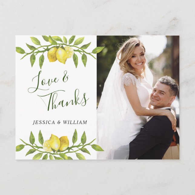 Lemons Blossom Greenery Wedding Photo Thank You Postcard (Front)