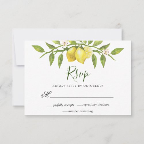 Lemons Blossom  Greenery Wedding RSVP Card