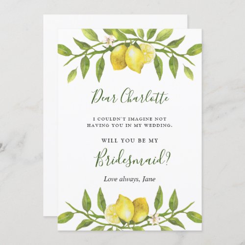 Lemons Blossom Greenery  Will You Be My Bridesmaid Invitation