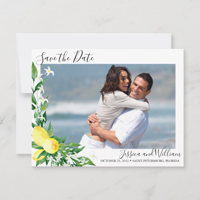Lemons Blossom Photo Wedding Save the Date Card (Front)