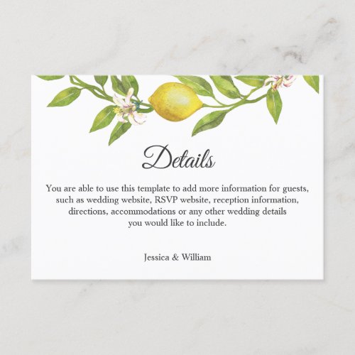 Lemons Blossom  Wedding Reception Details Enclosure Card