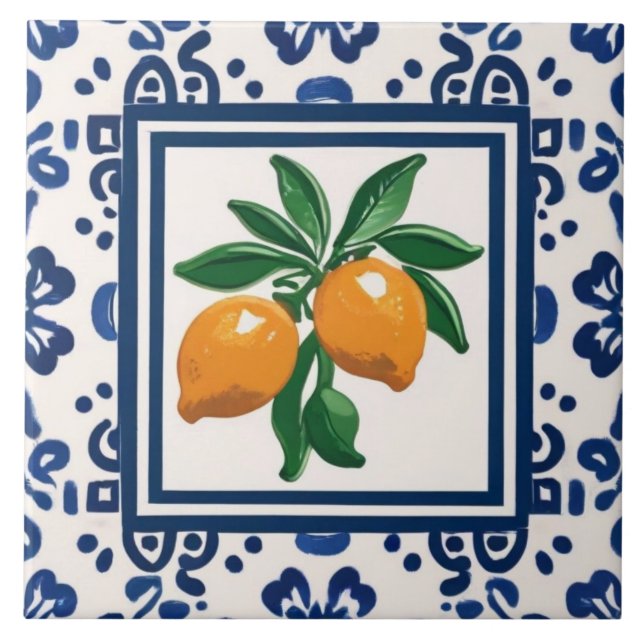 Lemons Blue and White Tribal Folk Art Pattern Ceramic Tile (Front)