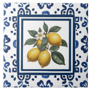 Lemons Blue and White Tribal Folk Art Pattern Ceramic Tile