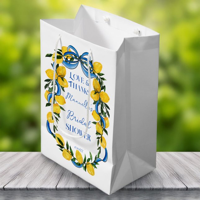 Lemons blue bow ribbon bridal shower favor medium gift bag (Lemons blue bow ribbon Italian bridal shower favors personalized gift bag)