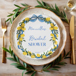Lemons blue bow ribbon bridal shower monogrammed paper plates<br><div class="desc">Lemons blue bow ribbon coquette bridal shower personalized paper plates template,   citrus lemons blue and yellow bridal shower monogrammed paper plates template; summer bridal shower party plates,  personalized Italian lemons personalized table decor</div>