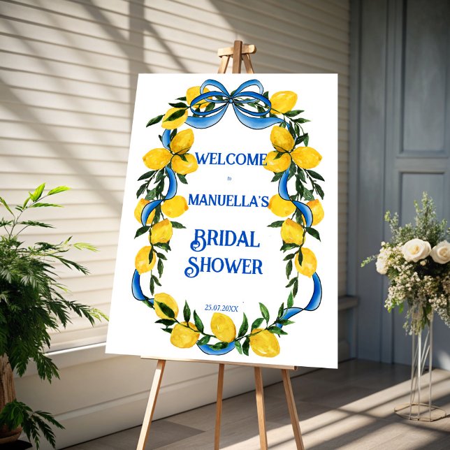 Lemons blue bow ribbon bridal shower welcome sign (Lemons blue bow ribbon citrus summer Italian bridal shower personalized welcome sign board)
