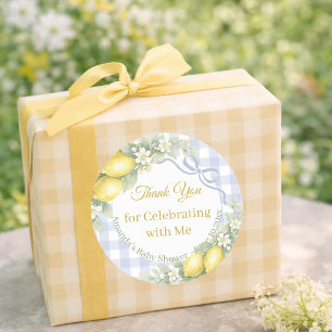 Lemons blue boy gingham Thank You Baby Shower Classic Round Sticker